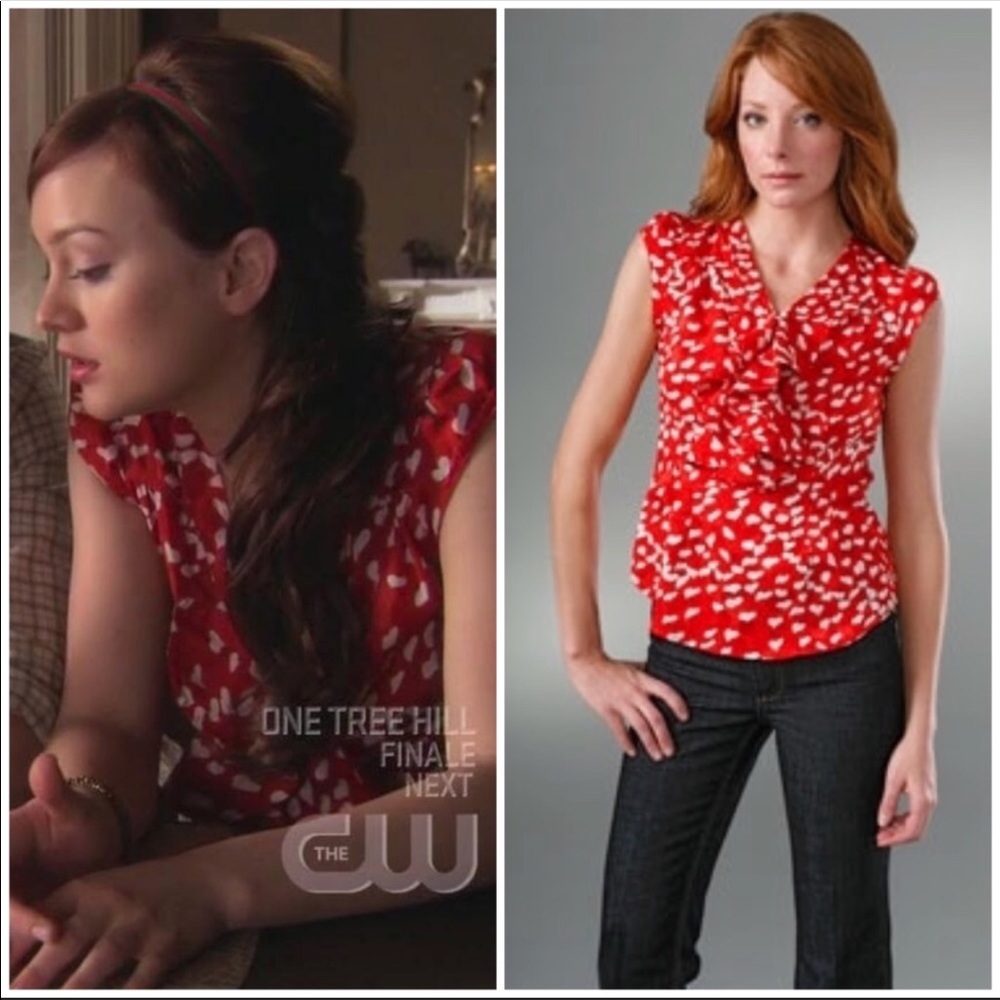 Marc by Marc Jacobs Red and White Printed Cap-Sleeve Blouse